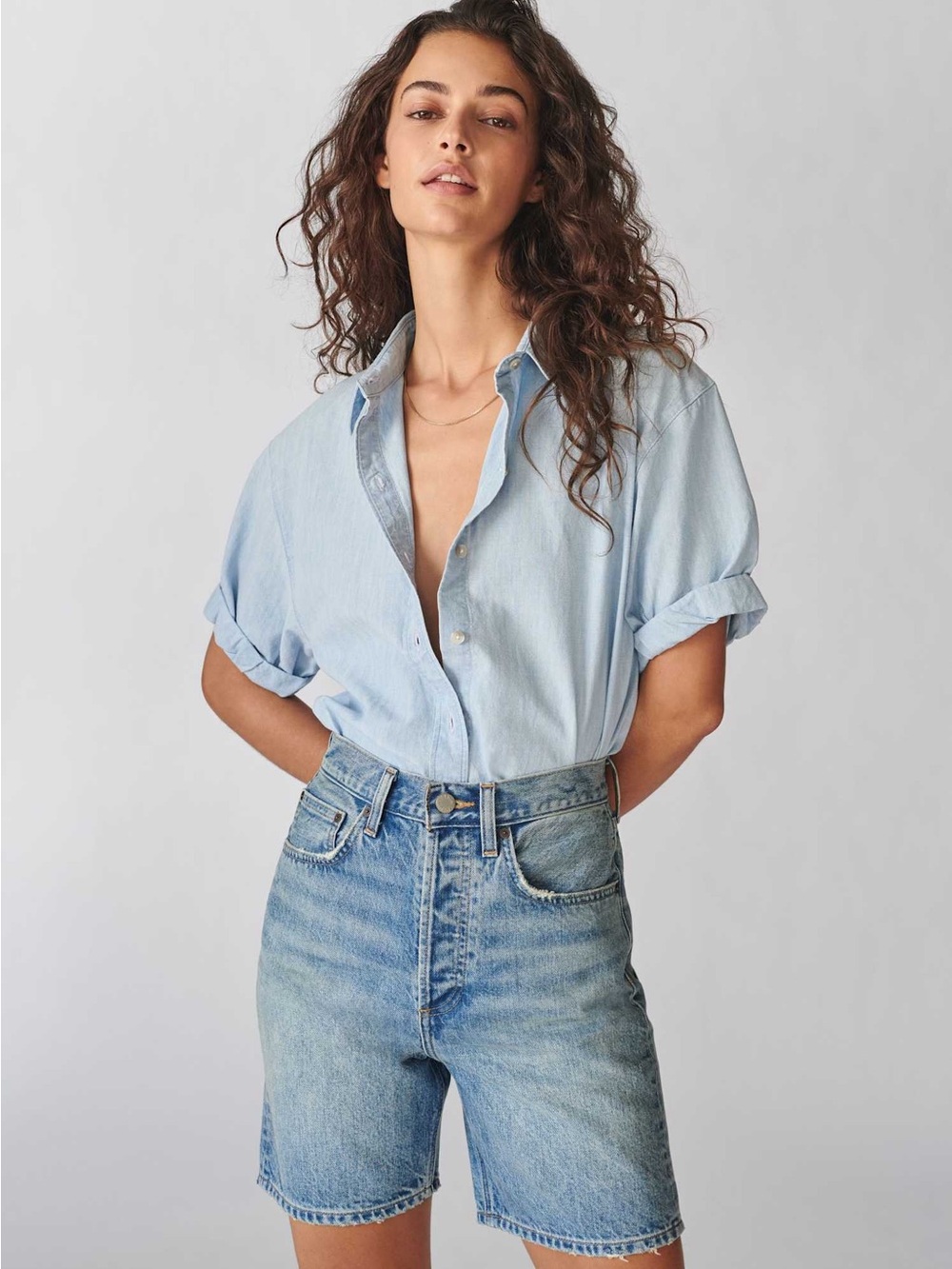 Denim Forum ($98) Joni Loose Long Denim Shorts Sz 28 High Rise Light Wash Jean